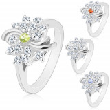 Inel de culoare argintie, floare transparentă colorată &icirc;n centru, arcade lucioase - Marime inel: 51, Culoare: Portocaliu