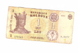 Bancnota Republica Moldova 1 leu 2015, circulata, uzata