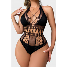 Lenjerie erotica intima sexy, provocatoare, elastica, tip body mesh/stockings, cu insertii din plasa, cu spatele gol, chilot brazilian si barete incru