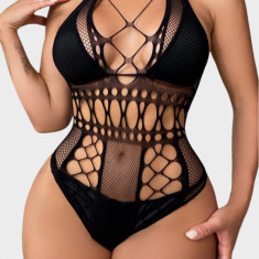 Lenjerie erotica intima sexy, provocatoare, elastica, tip body mesh/stockings, cu insertii din plasa, cu spatele gol, chilot brazilian si barete incru