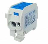 Clema de distributie - derivatie albastra Cu-Al 152A 101A pe sina DIN 1 pol 2 intrari borne (16+25mm &sup2;) si 2 iesiri (16+25mm &sup2;) 1000V AC DC, Omu System