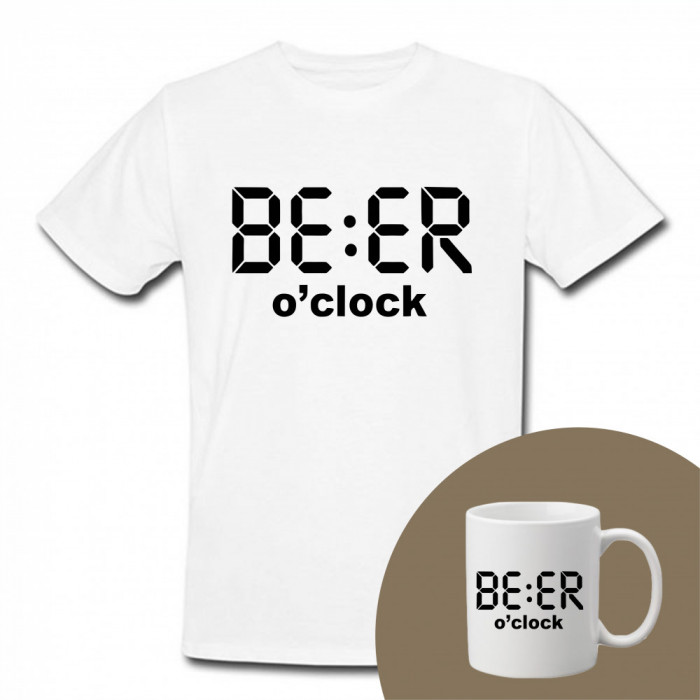 &quot;Beer o&#039;clock&quot; Set Personalizat &ndash; Tricou + Cană Alb L