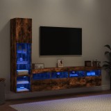 Unități de perete TV cu LED-uri, 4 piese, stejar fumuriu, lemn