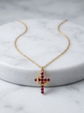 Cumpara ieftin COLIER CRUCE ARGINT PLACAT CU AUR - LANTISOR CU PANDANTIV CRUCIULITA SI LUNA CU ZIRCONIU ROSU