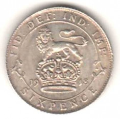 SV * Anglia UK 6 SIX PENCE 1918 King George V ARGINT AUNC foto