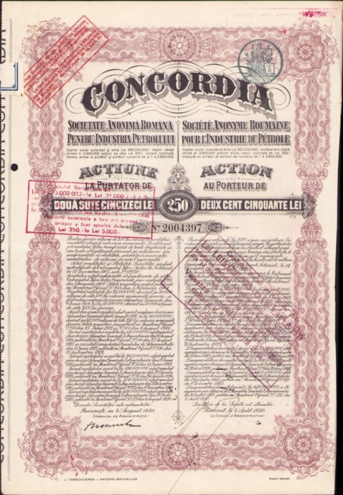 A577 Acțiune la purtător de 250 lei Concordia, interbelică