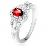 Inel cu ştras oval, roşu, mic zirconiu transparent, argint 925 - Marime inel: 51