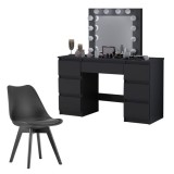 Set masa de toaleta/machiaj Vanessa + scaun Mark, negru, cu oglinda si LED-uri, 130x43x143 cm GartenVIP DiyLine