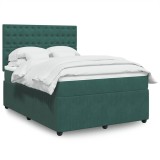 VidaXL Pat box spring cu saltea, verde &icirc;nchis, 140x190 cm, catifea