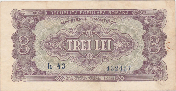 ROMANIA RPR 3 lei 1952 aVF