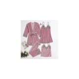 Cumpara ieftin Set Pijama de Dama 4 Piese din Catifea Roz Pudra