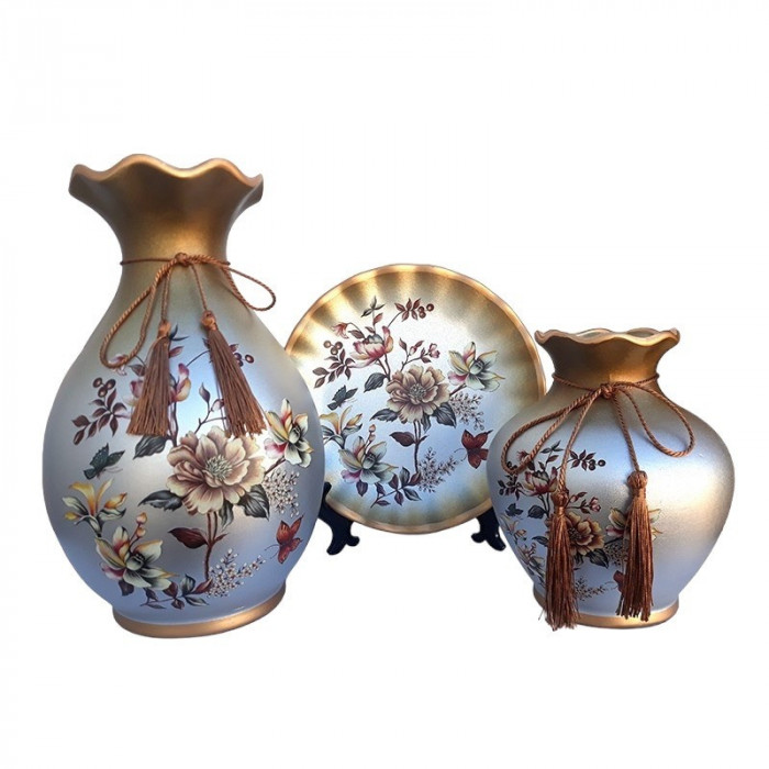 Set 2 vaze decorative si farfurie din ceramica, Maro, 1963G-1