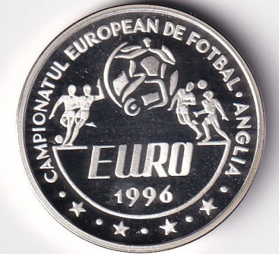 Romania 100 Lei 1996 (Camionatul Europen de Fotbal)Argint 27g/925 KM-119 UNC !!! foto