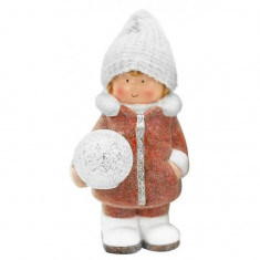 Decoratiune iarna, ceramica, baiat cu bulgare de zapada, LED, 14x13x25 cm foto