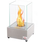 HOMCOM Șemineu de Masă cu Bioetanol de 0.4L, Sobă din Oțel și Sticlă pentru Spații &Icirc;nterioare și Exterioare, 20x20x33 cm, Argintiu | Aosom Romania