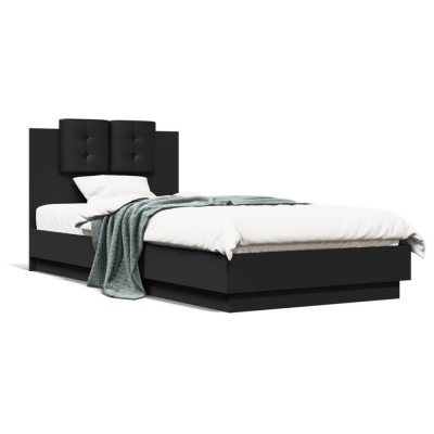 vidaXL Cadru de pat cu tăblie și lumini LED, negru, 100x200 cm foto