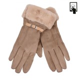 Mănuși Femei, Model Suede, Ecran Tactil, Bej, Blană Artificială, Curea Decorativă, 1 Pereche