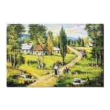 Tablou peisaj de la munte cu tarancuta si case pictat manual, Pe meleaguri mioritice, 120x80cm ulei pe panza, Constantin Feraru