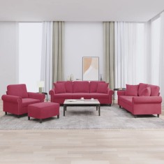 vidaXL Set canapele cu perne, 4 piese, ro?u vin, catifea foto