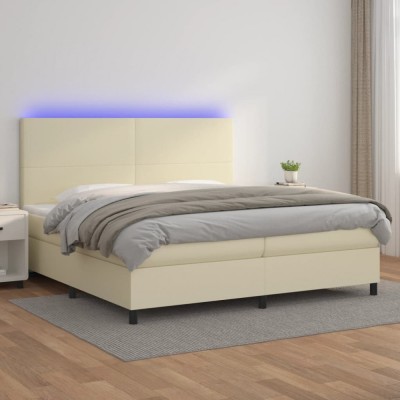 vidaXL Pat cu arcuri, saltea și LED, crem, 200x200 cm, piele ecologică 3135845 foto