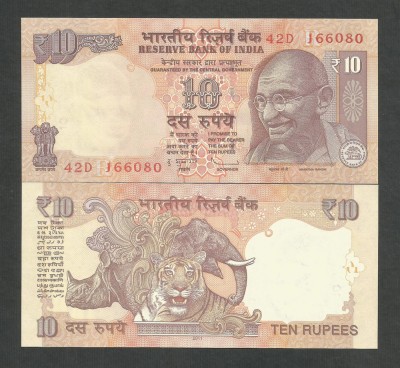 INDIA 10 RUPII RUPEES 2011 UNC [1] P- 102 b , Litera R foto