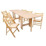 Set masa plianta 12 persoane, Pal Melaminat, insertii lemn masiv, 274x75x78 cm si 6 scaune pliante, tapiterie piele ecologica, stejar sonoma