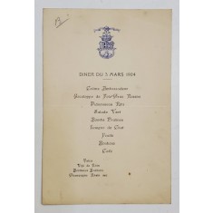 MENIUL UNUI DINEU DIN 3 MARTIE , 1924 , SCRIS IN LIMBA FRANCEZA