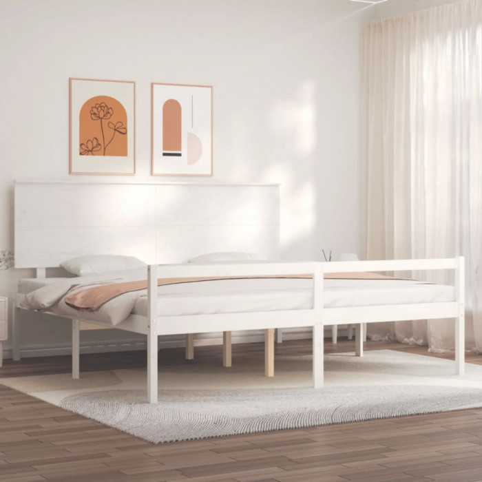 vidaXL Cadru de pat senior cu tăblie, alb, Super King Size, lemn masiv