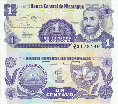 1991 , 1 centavo ( P-167a.1 ) - Nicaragua - stare UNC foto