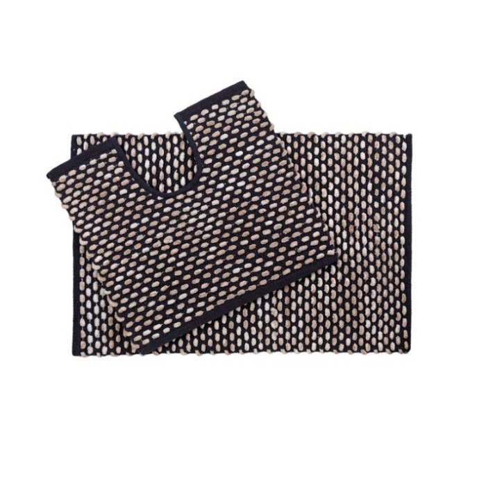 Set covorase de baie cu model in relief, Bumbac/Poliester, Negru/Bej, 2 buc, pentru chiuveta 50x45cm, pentru cada 80x50 cm