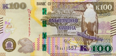 ZAMBIA █ bancnota █ 100 Kwacha █ 2018 █ P-61 █ UNC █ necirculata foto