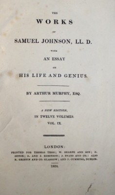 THE WORKS OF SAMUEL JOHNSON, LL D. WITH AN ESAY ON HIS LIFE AND GENIUS de ARTHUR MURPHY, VOLUME IX, 1824 foto