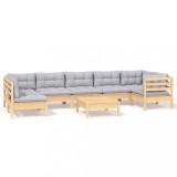 Cumpara ieftin Set mobilier de gradina cu perne, 8 piese, gri, lemn de pin
