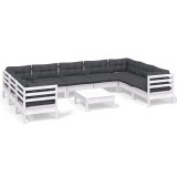 Cumpara ieftin Set mobilier de gradina cu perne, 10 piese, alb, lemn masiv pin