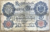 BNKSTR03DE Bancnotă Veche Germania 20 Mark 1907 (Reichsbanknote), Perioada Imperială, Vulturul German, Colecție / Numismatică