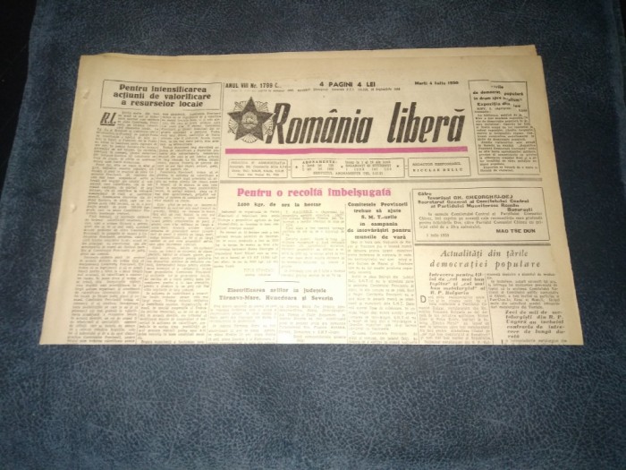 ZIARUL ROMANIA LIBERA 4 IULIE 1950 RAZBOI COREEA