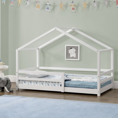 Pat Copii Selena tip Casuta Montessori cu Protectie Impotriva Caderilor, Dimensiuni 200x90cm, Lemn de Brad, Alb foto