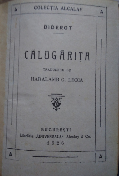 Diderot / CĂLUGĂRIȚA - ediție 1926 (Colecția Alcalay)