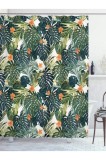 Perdeauă de duș din țesătură 175x240cm - model floral retro portocaliu și albastru - impermeabilă cu c&acirc;rlige - decor