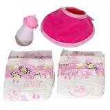 Set Accesorii Păpuși, 6 Piese, Biberon Roz, Scutece Decorative, Bavetă Fucsia, Oem