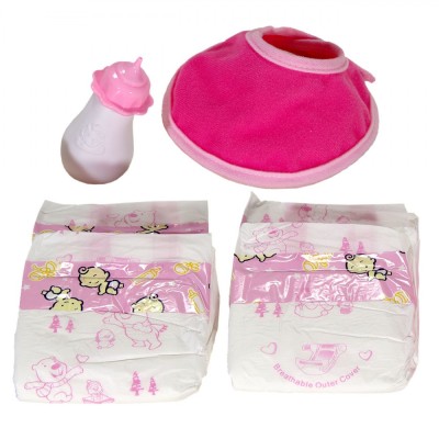 Set Accesorii Păpuși, 6 Piese, Biberon Roz, Scutece Decorative, Bavetă Fucsia foto