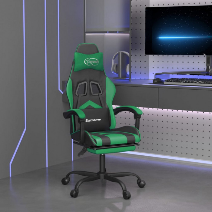 vidaXL Scaun de gaming cu suport picioare negru/verde, piele ecologică