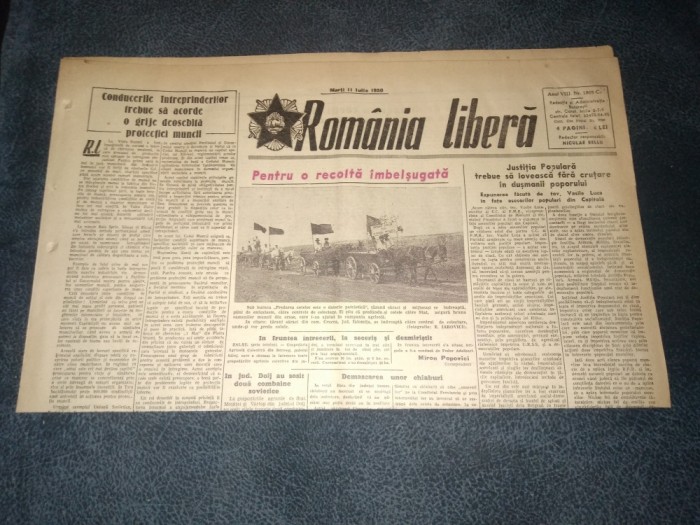 ZIARUL ROMANIA LIBERA 11 IULIE 1950 RAZBOI COREEA