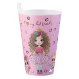 Pahar cu Pai &Icirc;ncorporat, Model Fete și Pisici, Roz, Capacitate 0,4L, Plastic, Oem