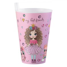Pahar cu Pai Incorporat, Model Fete ?i Pisici, Roz, Capacitate 0,4L, Plastic foto