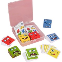 Jucarie Pentru Copii Montessori Flippy, Cub din Lemn, Asamblare Fete, 64 de Carti Distractive, pentru Baieti si Fete, Varsta +3 ani, Educativ, Ambalaj