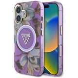 Husa pentru iPhone 16 - Guess IML Metal Glitter Flowers Triangle MagSafe (GUHMP16SHFLPEDU) - Purple