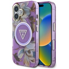 Husa pentru iPhone 16 - Guess IML Metal Glitter Flowers Triangle MagSafe (GUHMP16SHFLPEDU) - Purple