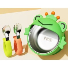 Set 3 piese diversificare bebelusi si copii, Flippy, Bol, Lingura si Furculita, Model Broscuta, Verde foto