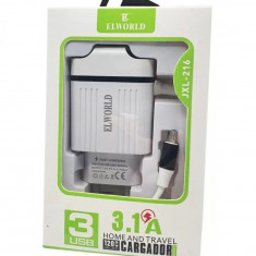 Incarcator Universal Usb Fast Charging cu 3 Porturi si Cablu Micro Usb Elworld JXL 216